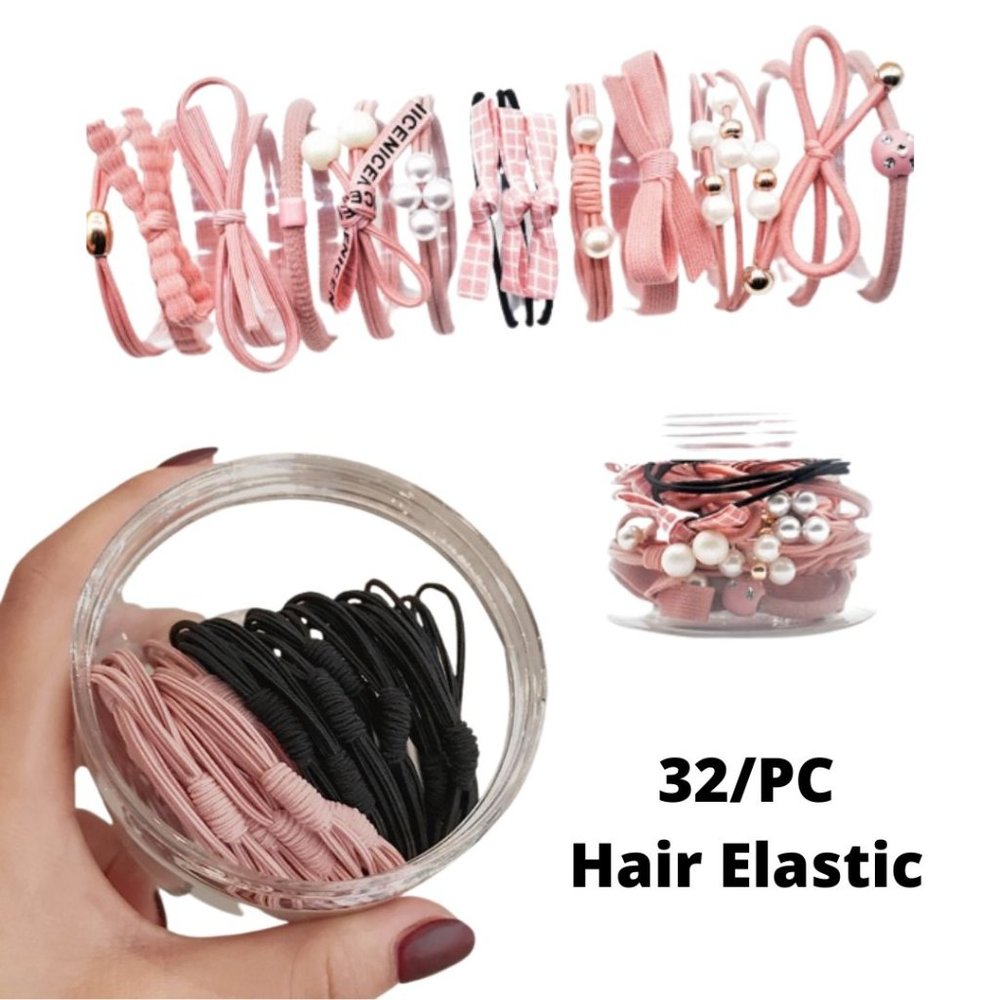 Set /32 Black and Pink Elastics Hair Accessories-Faux Pearls